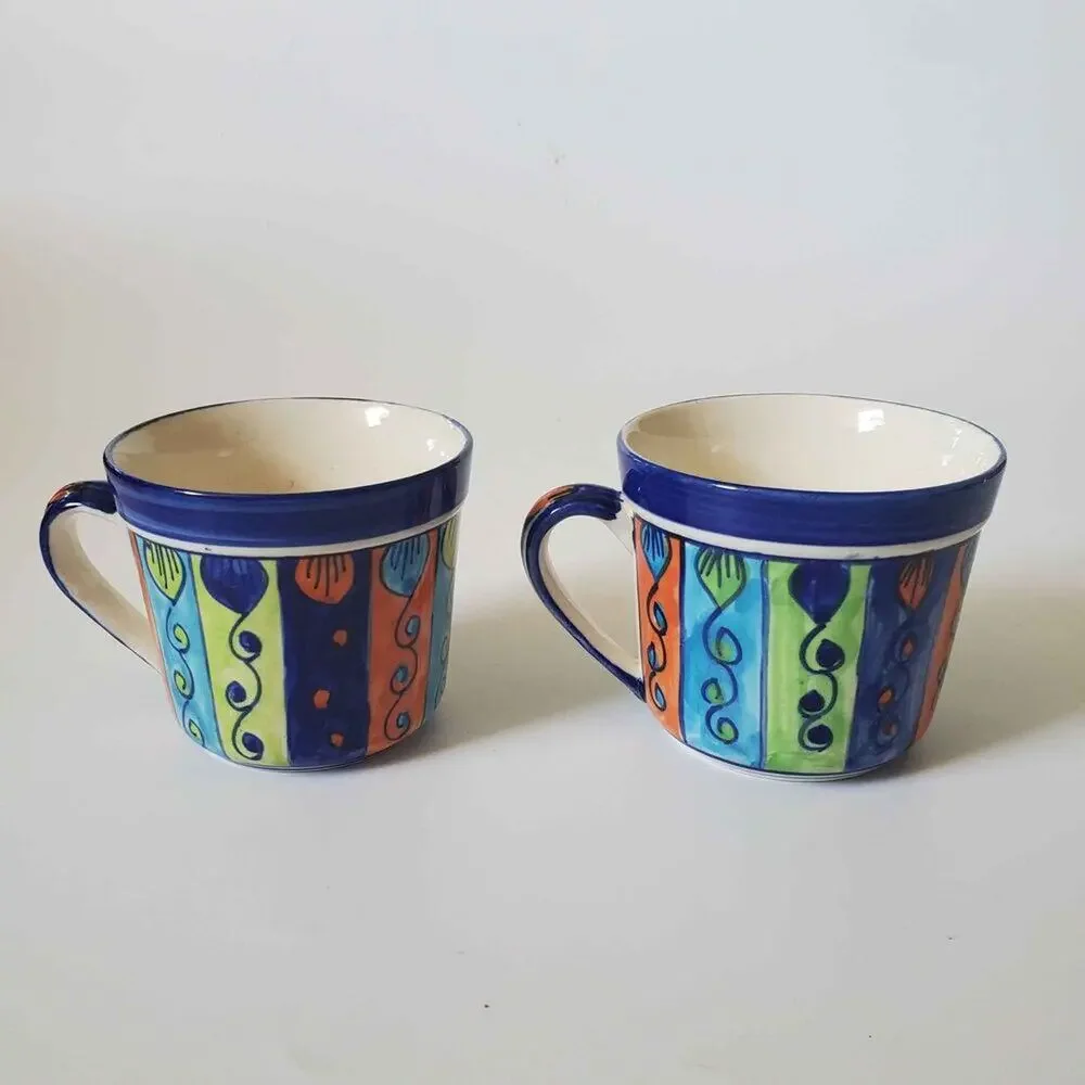 Pier 1 Hand Painted Large Stoneware Mugs‎ Pair 16oz Multicolor Made in India